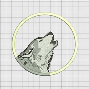 May include: A gray wolf howling at the moon, depicted in an embroidered design. The wolf is inside a circle with a yellow outline.
