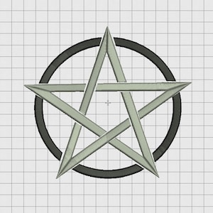 May include: A silver five-pointed star with a black circle around it. The star is made of five overlapping lines, creating a pentagon shape in the centre.