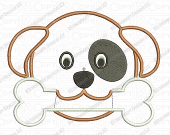 Puppy and Bone Applique Embroidery Design in 3x3 4x4 and 5x7 Sizes