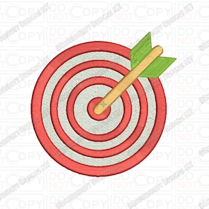 May include: A red and white target with a green and brown arrow through the center.