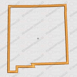 May include: Outline of the state of New Mexico in gold thread. The outline is a simple, solid shape with a slight jagged edge at the bottom.