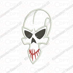 May include: A white skull with a stylized design, featuring black eyes and a red mouth with sharp teeth. The skull is outlined in white.