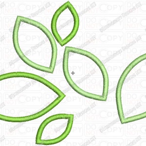 May include: Five green leaves in a stylised design, with a gradient of light and dark green.