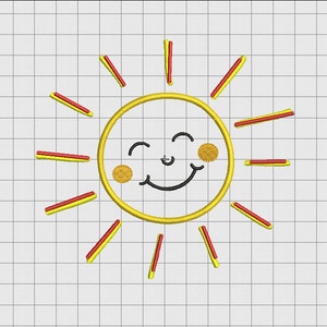 May include: A yellow sun with a smiling face and closed eyes. The sun has red and yellow rays.