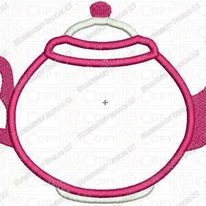 May include: A pink embroidered teapot design with a white handle and lid. The teapot has a textured appearance, with a curved spout and handle. The design is suitable for embroidery projects, tea parties, or kitchen decor.