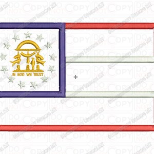 May include: Embroidered patch featuring the state flag of Georgia. The flag is a blue rectangle with a gold seal in the center. The seal depicts a gold arch with three pillars and the words "In God We Trust". The flag is surrounded by a red border.