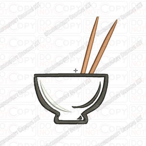 May include: A white bowl with a black outline and two brown chopsticks. The bowl is sitting on a white background.