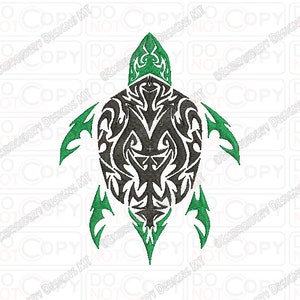 May include: A black and green tribal design of a turtle. The turtle's shell is filled with intricate patterns and the head and legs are stylized with sharp points.