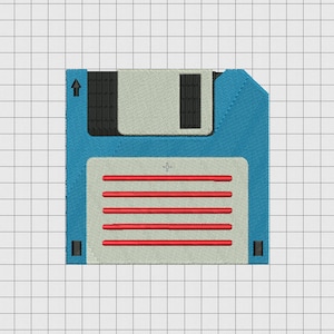 Puede incluir: Un disquete azul y blanco con un signo más rojo y líneas rojas. El disco está sobre un fondo de cuadrícula blanca.