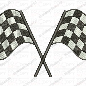 Puede incluir: Dos banderas a cuadros negros y blancos cruzadas en el centro, con postes de madera. Las banderas ondean al viento.