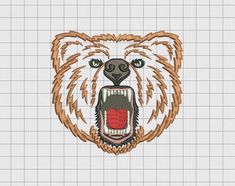 May include: An embroidered bear head with an open mouth, showcasing sharp teeth and a red tongue. The bear's fur is a light brown color, with darker brown outlines. The background is a grid pattern.