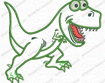 May include: A green cartoon dinosaur with a wide open mouth, showing teeth and a pink tongue. The dinosaur has large, round eyes and is walking forward.