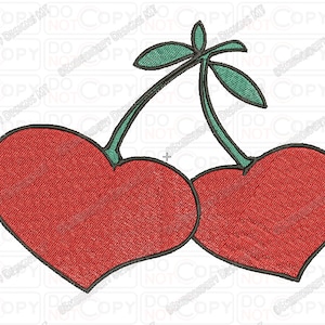 May include: Two red cherries with green stems and leaves, shaped like hearts.