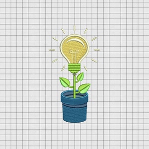 May include: A light bulb shaped like a plant growing in a blue pot with green leaves. The light bulb is yellow and has a green stem.