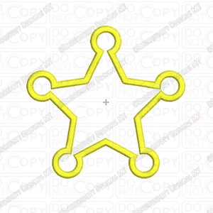 May include: A yellow five-pointed star with rounded edges and five circles at each point. The star is a common symbol for law enforcement.