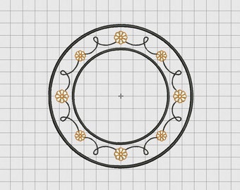 Diseño de marco para bordado con borde de nombre y círculo floral en tamaños de 4 x 4, 5 x 5 y 6 x 6