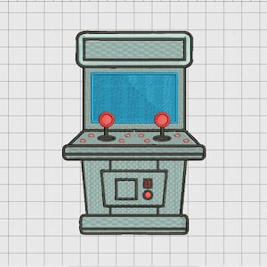 May include: A gray and blue arcade game with two red joysticks and a blue screen. The game has a gray cabinet with a black button.