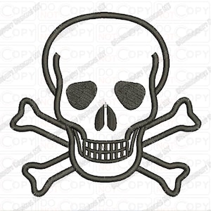 Puede incluir: Un diseño negro de calavera y huesos cruzados. La calavera tiene cuencas de los ojos detalladas, una nariz y una hilera de dientes. Los huesos cruzados están colocados debajo de la calavera, creando un símbolo clásico de pirata o de peligro.