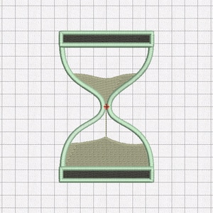 May include: A green hourglass with black accents. The hourglass is filled with sand and is a symbol of time.