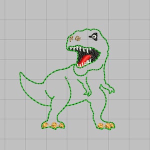 May include: Green embroidered dinosaur with a red open mouth and black eyes. The dinosaur has brown feet.