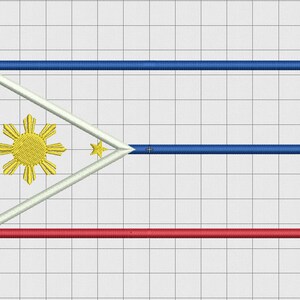 Peut inclure: Un drapeau rectangulaire avec un triangle blanc sur le côté gauche. Le triangle présente un soleil jaune à huit rayons et trois étoiles à cinq branches. Le reste du drapeau est divisé en deux bandes horizontales, la supérieure bleue et la inférieure rouge.