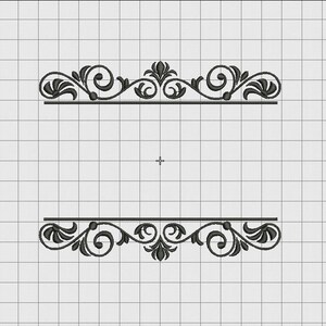 May include: A black and white decorative border with a floral design. The border is made up of two rows of intricate swirls and leaves.