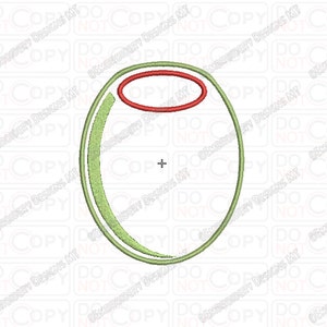 Könnte beinhalten: Ein grünes und rotes Oliven-Design mit einem einzigen Stich in der Mitte.