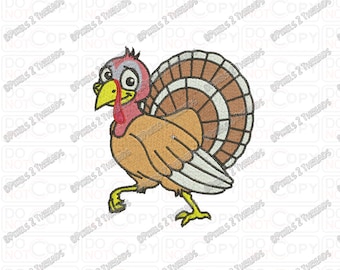 Puede incluir: Un pavo de dibujos animados con plumas marrones y blancas, un pico amarillo y una papada roja. El pavo camina con la cabeza girada hacia un lado.