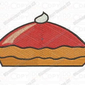 May include: A red and orange pie with a white dollop of whipped cream on top. The pie is in the shape of a half circle and has a flaky crust.