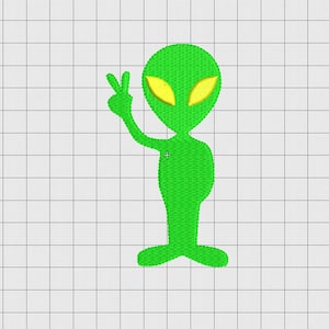 May include: A green alien with yellow eyes is giving the peace sign. The alien is standing on a white grid background.