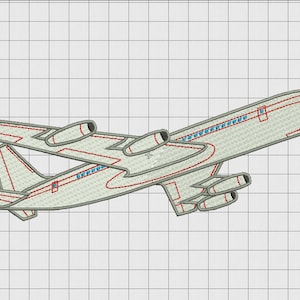 May include: A white airplane with red trim, flying in the air. The airplane has four engines and a long, narrow fuselage.