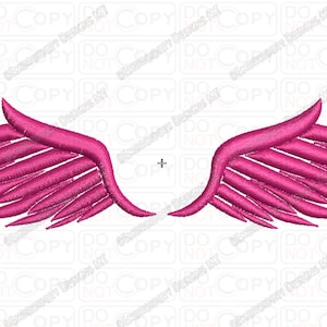 May include: A pair of pink angel wings with a feathery design. The wings are symmetrical and have a pointed shape.