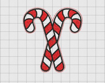 May include: Two red and white candy canes are crossed over each other. The candy canes have a black outline.