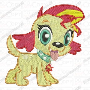May include: Embroidered design of a cartoon puppy with yellow fur, large teal eyes, and a pink tongue sticking out. The puppy has pink and yellow hair and wears a green collar with a sun pendant. The design is outlined in orange.