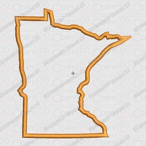 May include: Outline of the state of Minnesota in a gold color. The outline is a simple line drawing of the state's shape.