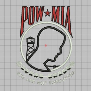 May include: A black and white embroidered patch with the words "POW*MIA" in red. The patch features a silhouette of a person's head with a guard tower in the background. The text "You Are Not Forgotten" is written in a circle around the silhouette.