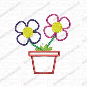 May include: A purple and pink flower arrangement in a red pot. The flowers have yellow centers and green stems.
