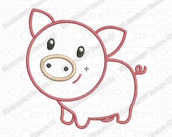 Pig Cute Cartoon Applique Embroidery Design in 3x3 4x4 and 5x7 Sizes