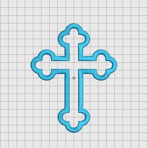 Puede incluir: Una cruz azul claro con un diseño decorativo y ornamentado. La cruz está delineada en un azul más oscuro y tiene un aspecto simple y elegante.