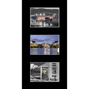 May include: A black and white photo collage of three different cityscapes. The top image shows a stadium at night with lights on. The middle image shows a city skyline with a body of water in the foreground. The bottom image shows a building with a large sign.
