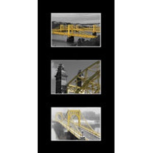May include: A black and white photo collage of three different views of a yellow bridge. The bridge is a steel truss bridge with a yellow paint job. The bridge is over a river and there are buildings and trees in the background.