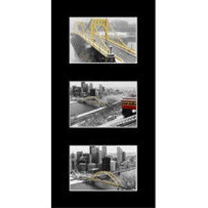 May include: A black and white photo collage of three images of the Pittsburgh skyline in the winter. The top image shows the yellow bridge over the river. The middle image shows a red trolley car on the tracks. The bottom image shows the city skyline with the bridge in the background.