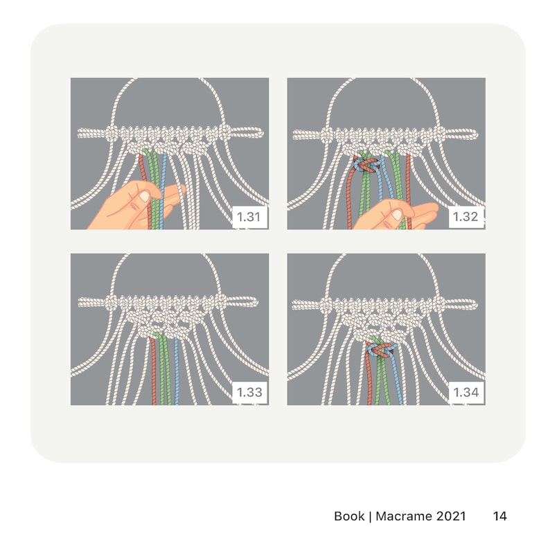 May include: A step-by-step guide on how to make a macrame knot. The image shows four stages of the knotting process, with each stage labeled with a number. The knot is made with white cord and four colored cords: red, green, blue, and light blue.