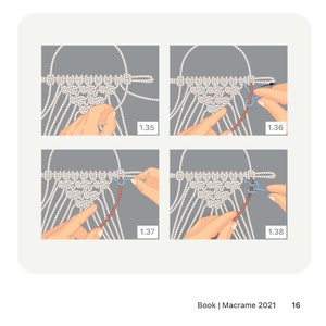 May include: A step-by-step guide on how to create a macrame knot. The image shows four different stages of the knotting process, with each stage numbered 1.35 through 1.38. The knot is being tied with a brown cord and a light blue cord.