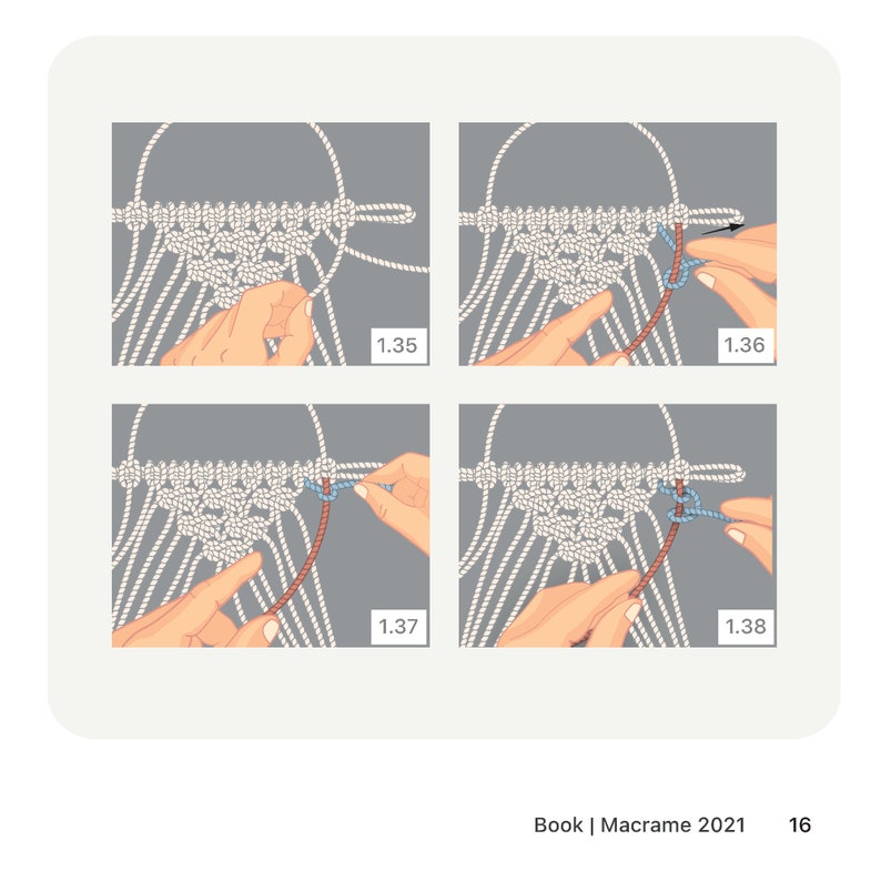 May include: A step-by-step guide on how to create a macrame knot. The image shows four different stages of the knotting process, with each stage numbered 1.35 through 1.38. The knot is being tied with a brown cord and a light blue cord.