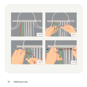 May include: A step-by-step guide on how to make an owl using macrame. The image shows four steps, each with a different color combination of strings. The steps are numbered 1.20, 1.21, 1.22, and 1.23.