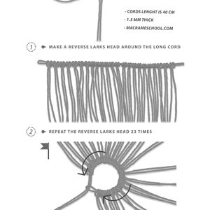 May include: A step-by-step guide on how to make a macrame circle using a long cord. The instructions include making a reverse lark's head knot around the long cord, repeating the knot 23 times, and then bending the cord into a circle.