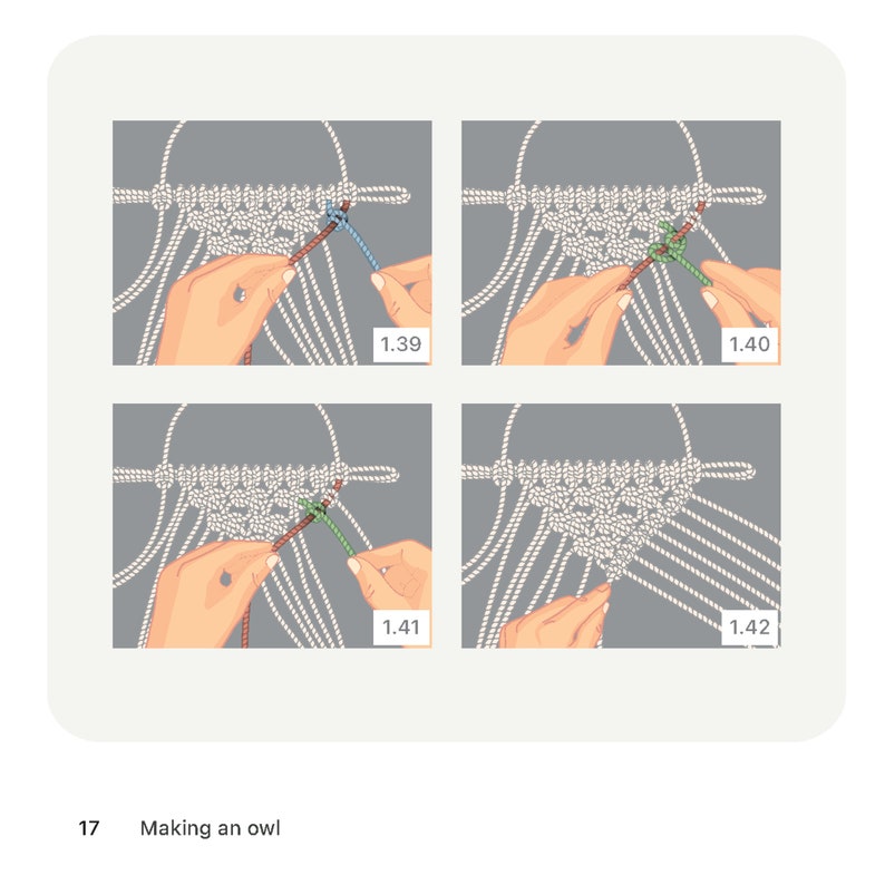 May include: Four steps in a macrame owl pattern, showing how to tie the knots. The steps are numbered 1.39, 1.40, 1.41, and 1.42.