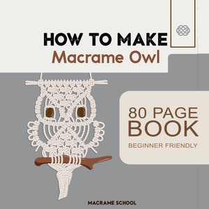 Op de afbeelding: Een 80 pagina's tellend boek met de titel "How to Make Macrame Owl" met een witte macramé uil illustratie en de tekst "Beginner Friendly" op een grijze achtergrond.