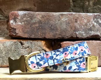 Rifle Paper Co Les Fleurs Dog Collar - Periwinkle Dog Collar - Gold Dog Collar